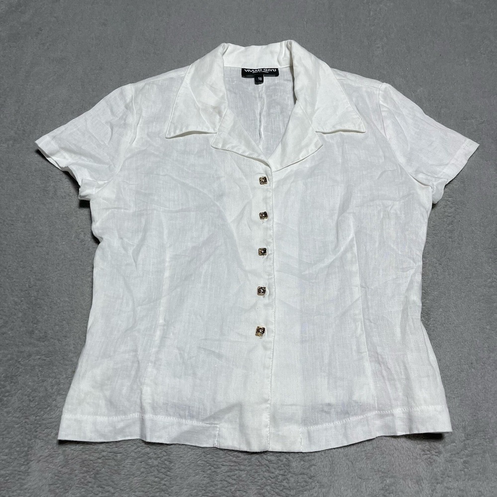 Vivian Shyu Top Womens 10 White‎ Linen Button Down Beach Lagenlook Camp
